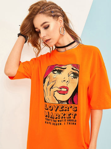 Figure & Slogan Graphic Neon Orange T-shirt Dress