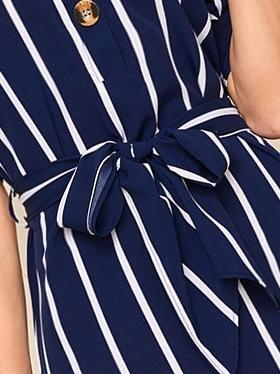 Striped Knot Cuff Belted Shirt Dress