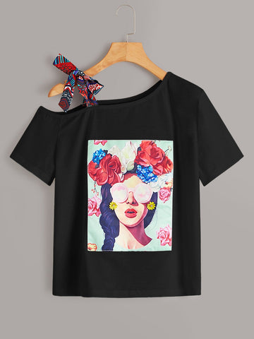 Figure & Floral Graphic Asymmetrical Neck Knot Tee