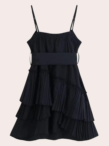 Pleated Ruffle Trim Belted Cami Dress