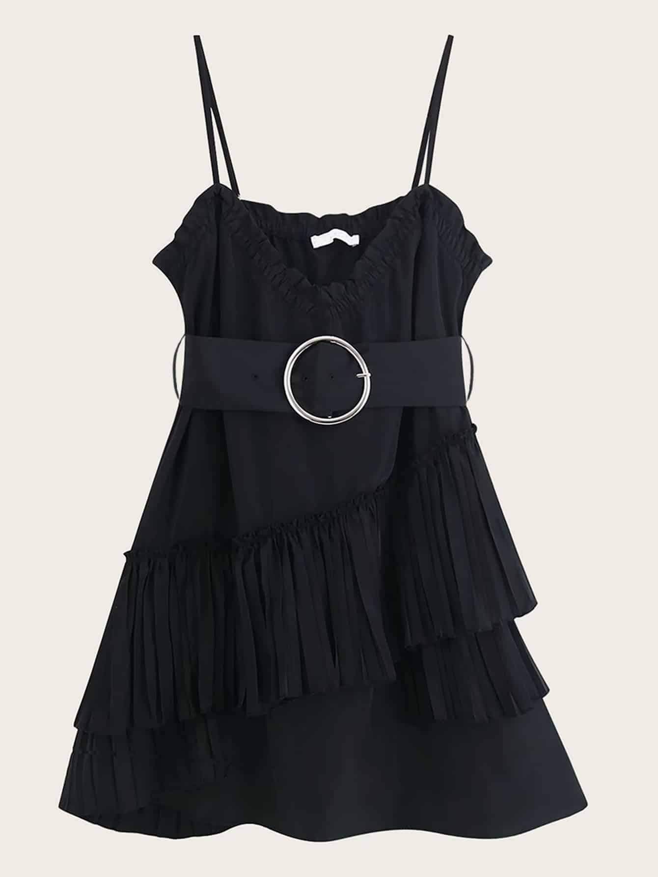 Pleated Ruffle Trim Belted Cami Dress