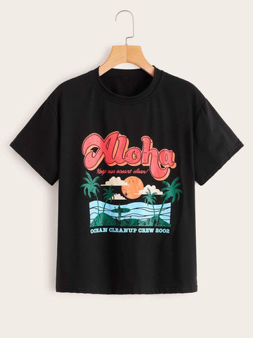 Letter & Tropical Print Tee
