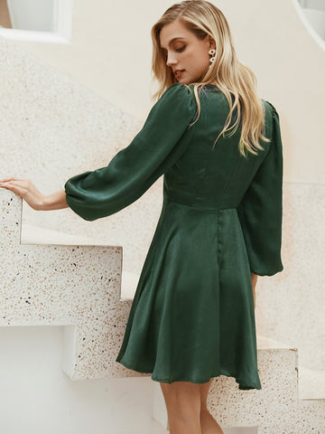 Simplee Tie Front Peekaboo Blouson Sleeve Satin Dress