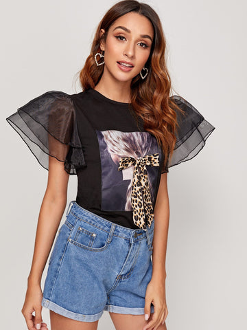 Figure Graphic Bow Front Contrast Mesh Sleeve Tee