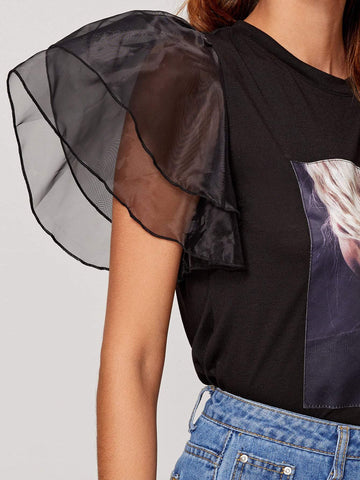 Figure Graphic Bow Front Contrast Mesh Sleeve Tee