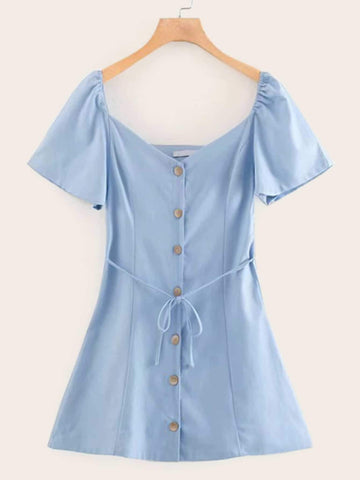 Solid Button Front Self Tie Dress