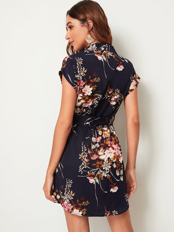 Roll Up Sleeve Belted Curved Hem Floral Print Dress