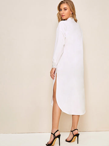 Button Through Split Thigh Notch Shirt Dress