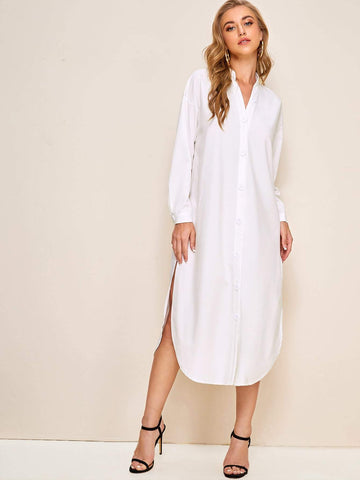 Button Through Split Thigh Notch Shirt Dress