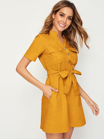 V-neck Button Front Belted Utility Dress