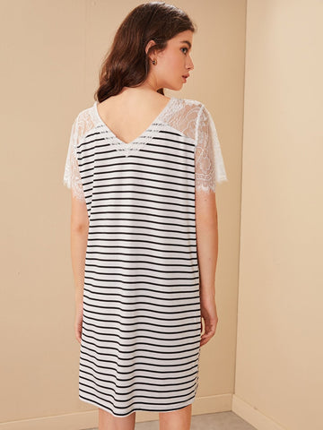Contrast Lace Striped V-neck Tee Dress