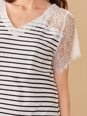 Contrast Lace Striped V-neck Tee Dress