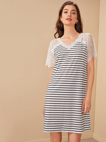 Contrast Lace Striped V-neck Tee Dress