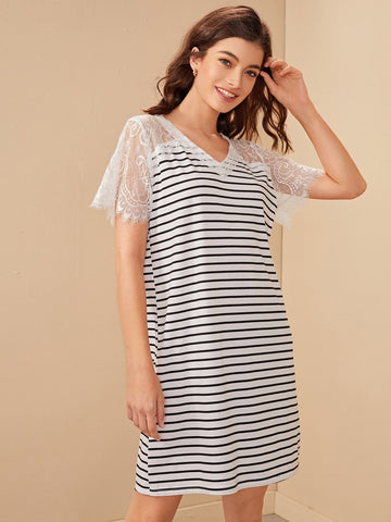 Contrast Lace Striped V-neck Tee Dress