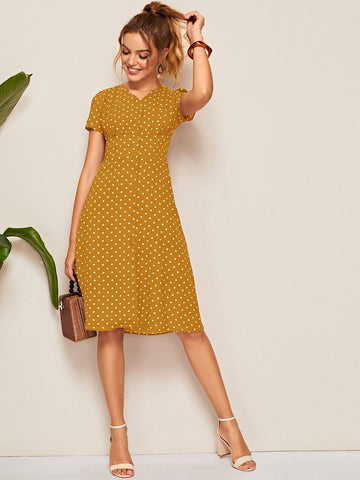 Polka Dot Button Front Shirred Waist Dress