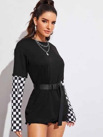 Checker Print Buckle Belted Tee