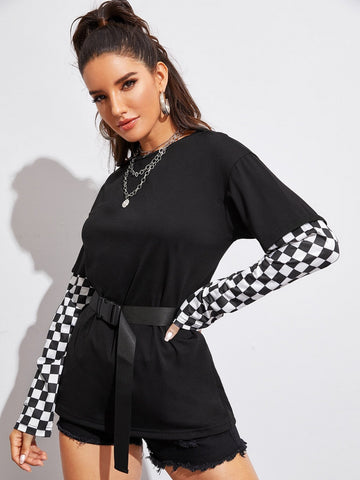 Checker Print Buckle Belted Tee