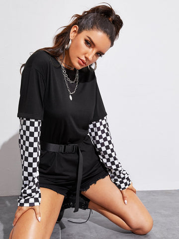 Checker Print Buckle Belted Tee