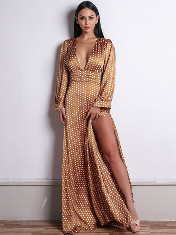 Missord Polka-dot Print Plunge Neck Satin Maxi Dress