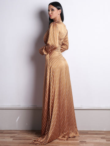 Missord Polka-dot Print Plunge Neck Satin Maxi Dress
