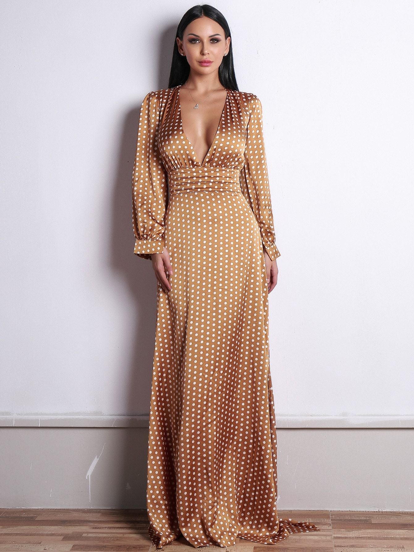 Missord Polka-dot Print Plunge Neck Satin Maxi Dress