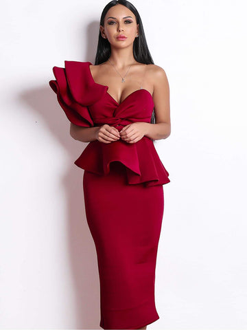 Missord Exaggerated Ruffle One Shoulder Peplum Pencil Dress