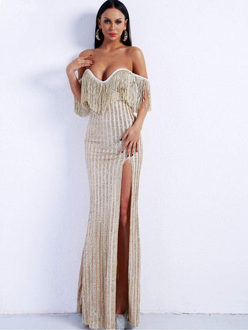 Missord Fringe Trim Split Thigh Sequin Bardot Maxi Dress