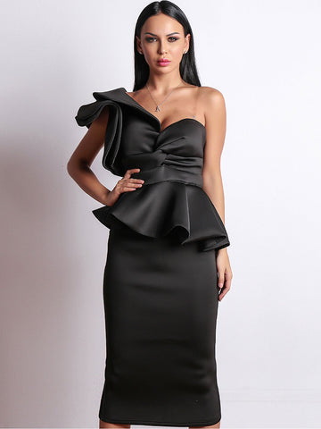 Missord Exaggerated Ruffle One Shoulder Peplum Pencil Dress