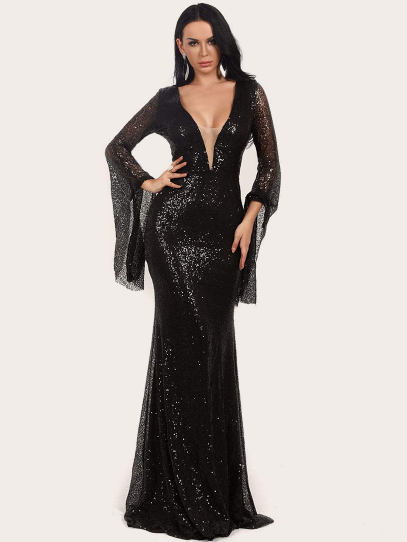 Missord Mesh Insert Flounce Sleeve Sequin Maxi Dress