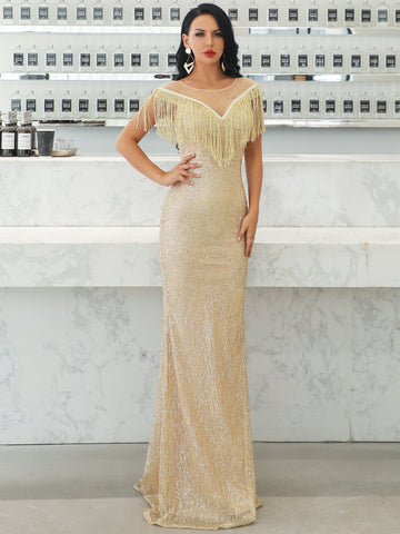 Missord Mesh Insert Fringe Trim Sequin Maxi Dress