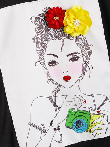 Figure Print Stereo Flowers Tee
