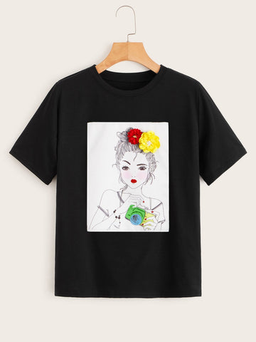 Figure Print Stereo Flowers Tee