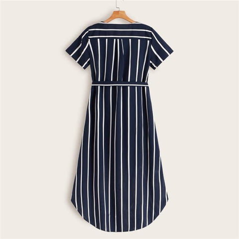 Stripe Print Belted Curved Hem Dress