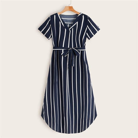 Stripe Print Belted Curved Hem Dress