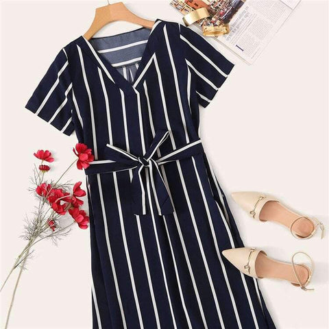 Stripe Print Belted Curved Hem Dress