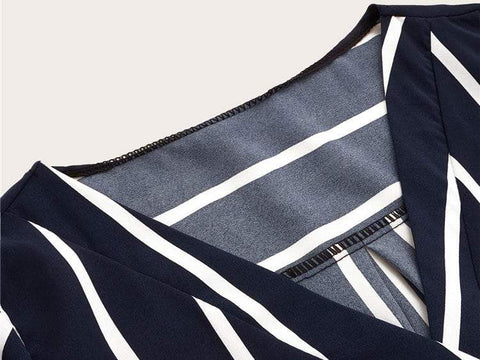 Stripe Print Belted Curved Hem Dress