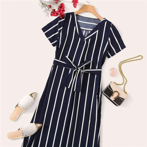 Stripe Print Belted Curved Hem Dress