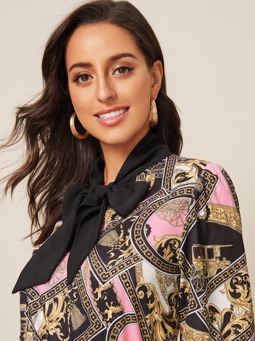 Scarf Print Tie Neck Blouse