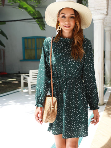 Polka Dot Frill Trim Long Sleeve Dress