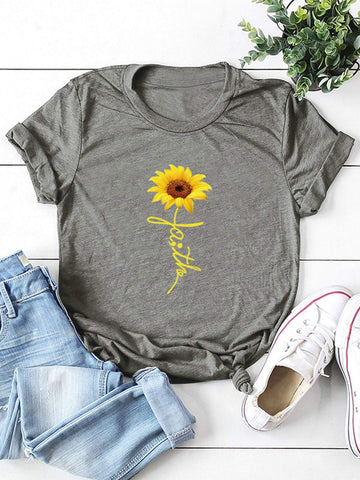 Sunflower Print Round Neck Tee