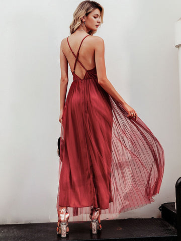 Simplee Criss-cross Backless Mesh Overlay Slip Dress