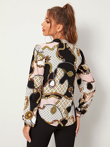 Scarf Print Button Front Blouse