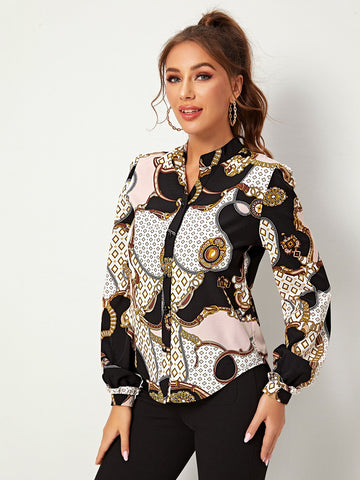 Scarf Print Button Front Blouse