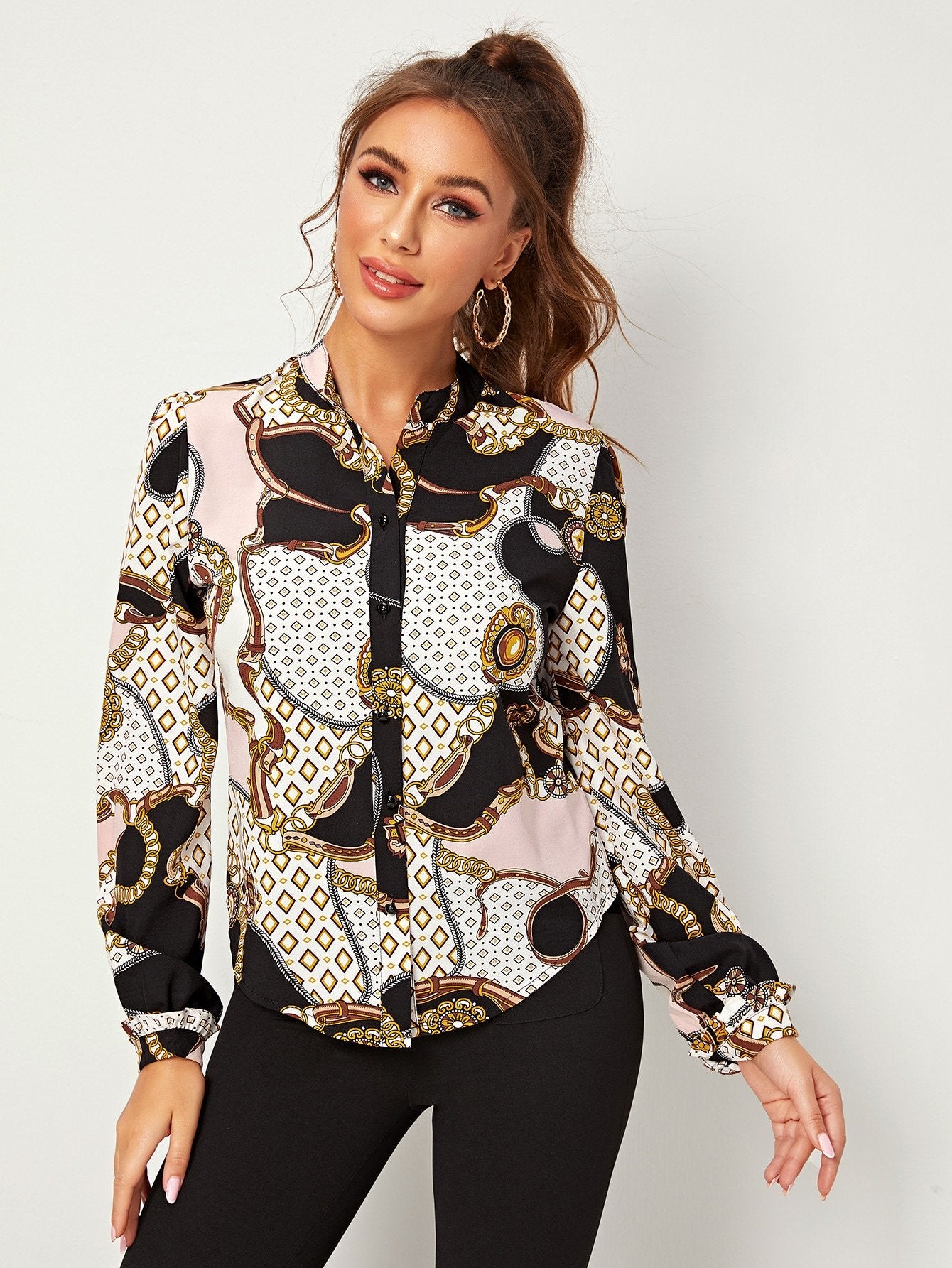 Scarf Print Button Front Blouse