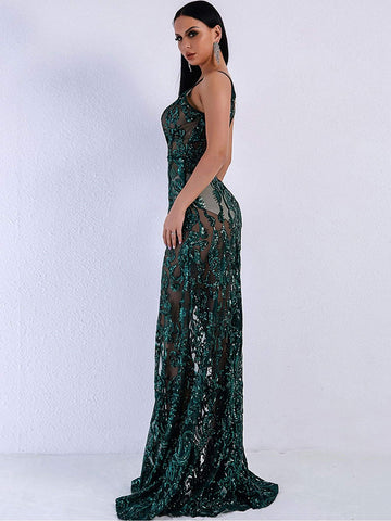 Missord Split Thigh Sequin Mesh Slip Dress Without Panties