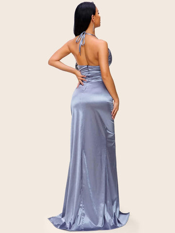 Missord Split Thigh Ruched Satin Maxi Halter Dress