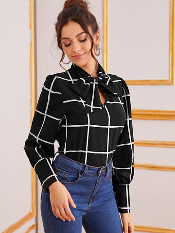 Tie Neck Buttoned Cuff Plaid Blouse