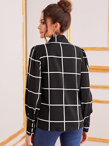 Tie Neck Buttoned Cuff Plaid Blouse