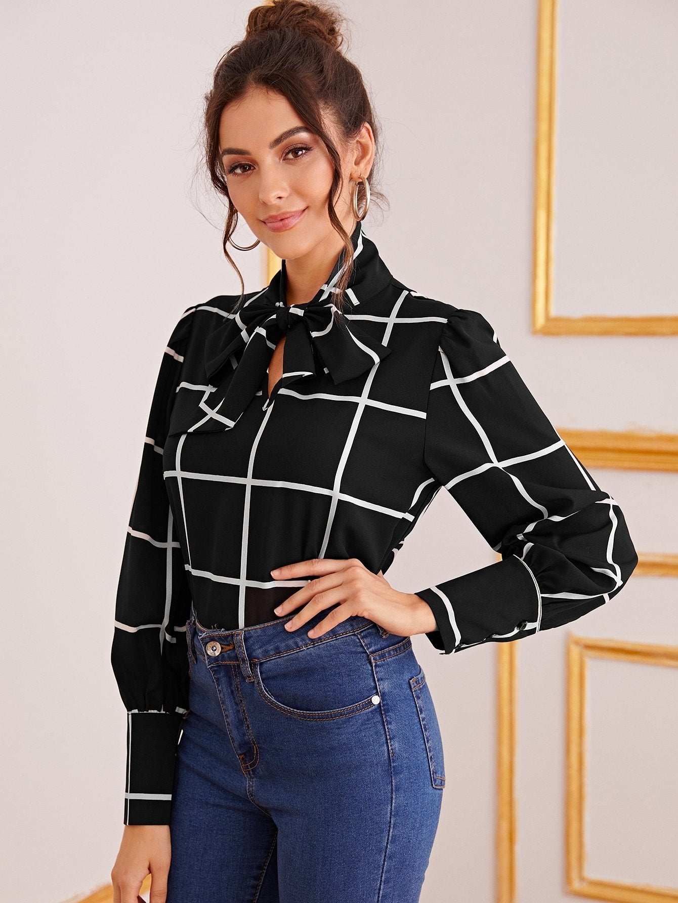 Tie Neck Buttoned Cuff Plaid Blouse