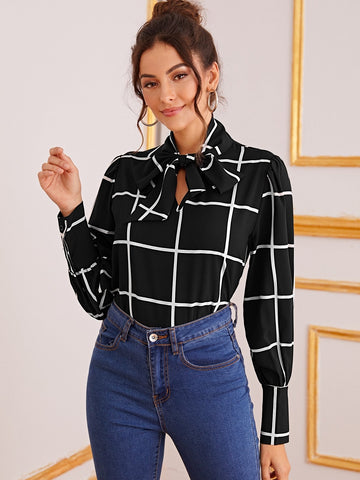 Tie Neck Buttoned Cuff Plaid Blouse